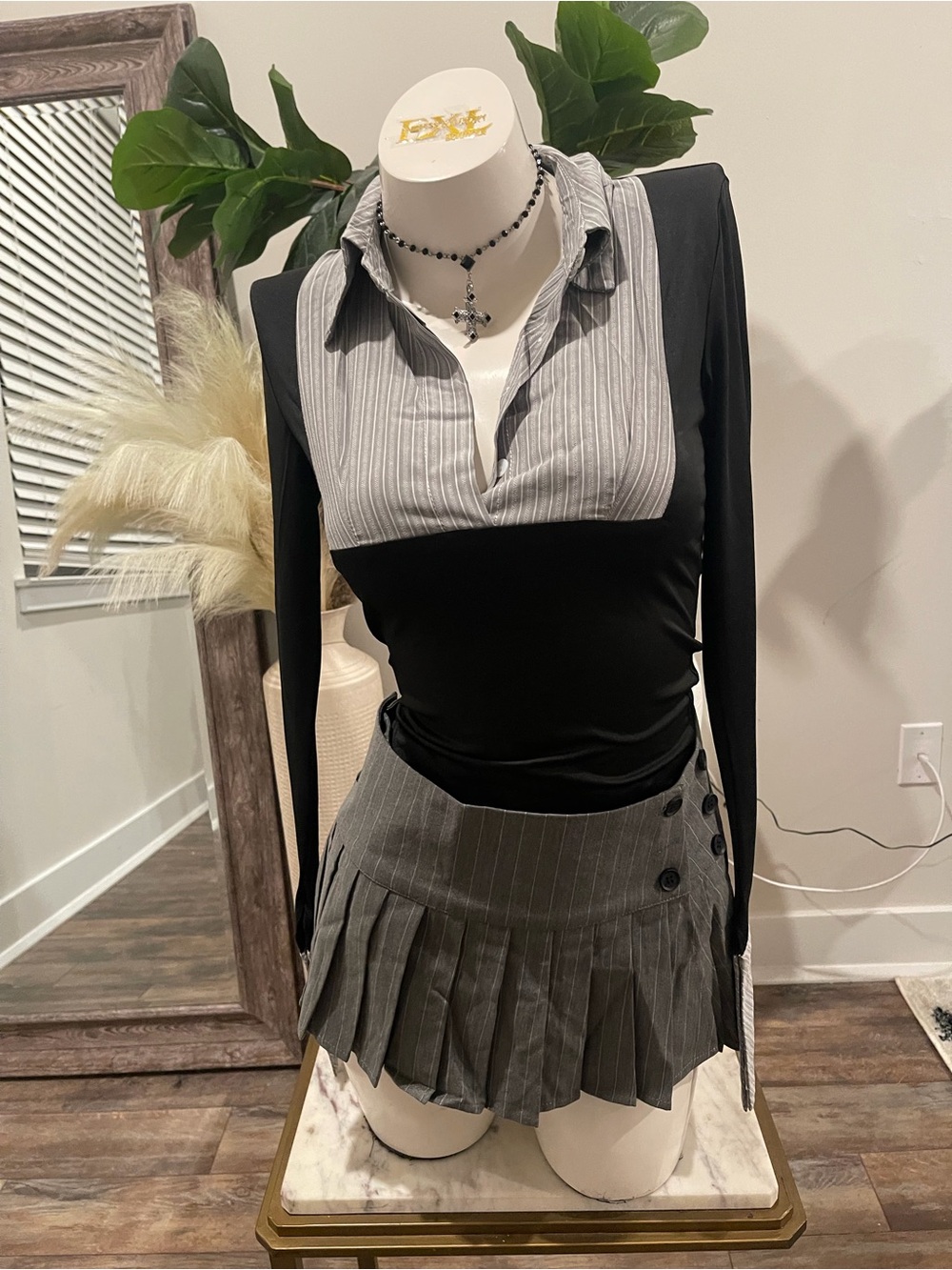 Two-Tone Black & Gray Pinstripe Collared Top with Pleated Skirt